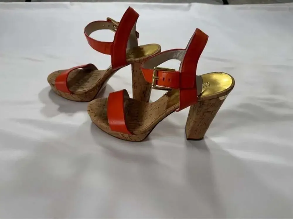 Michael Kors US 7.5M Persimmon Leather Cork Platform High Heel Sandals Shoes